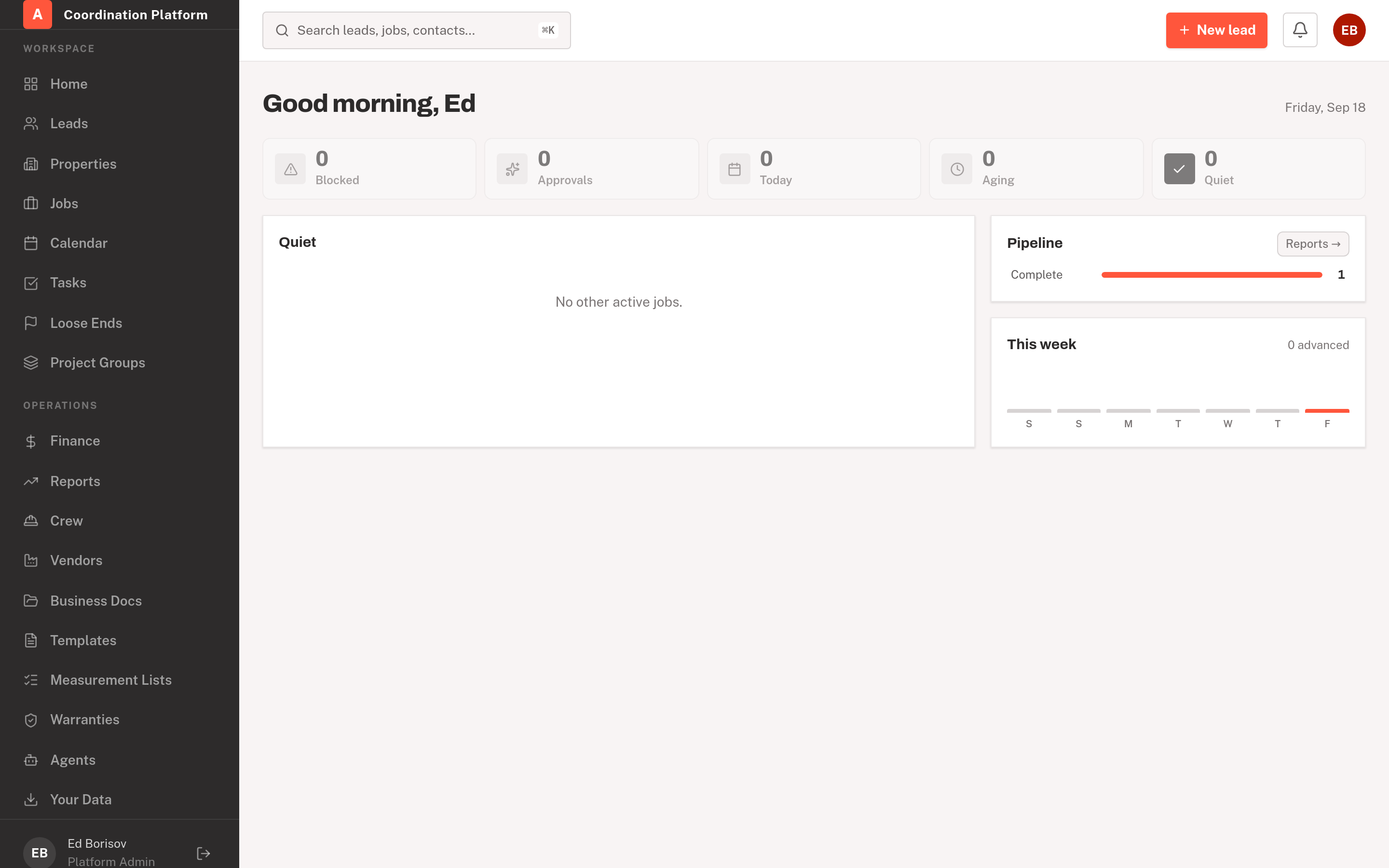 The AIOS workspace home: today's jobs, what needs attention, and what is waiting on you