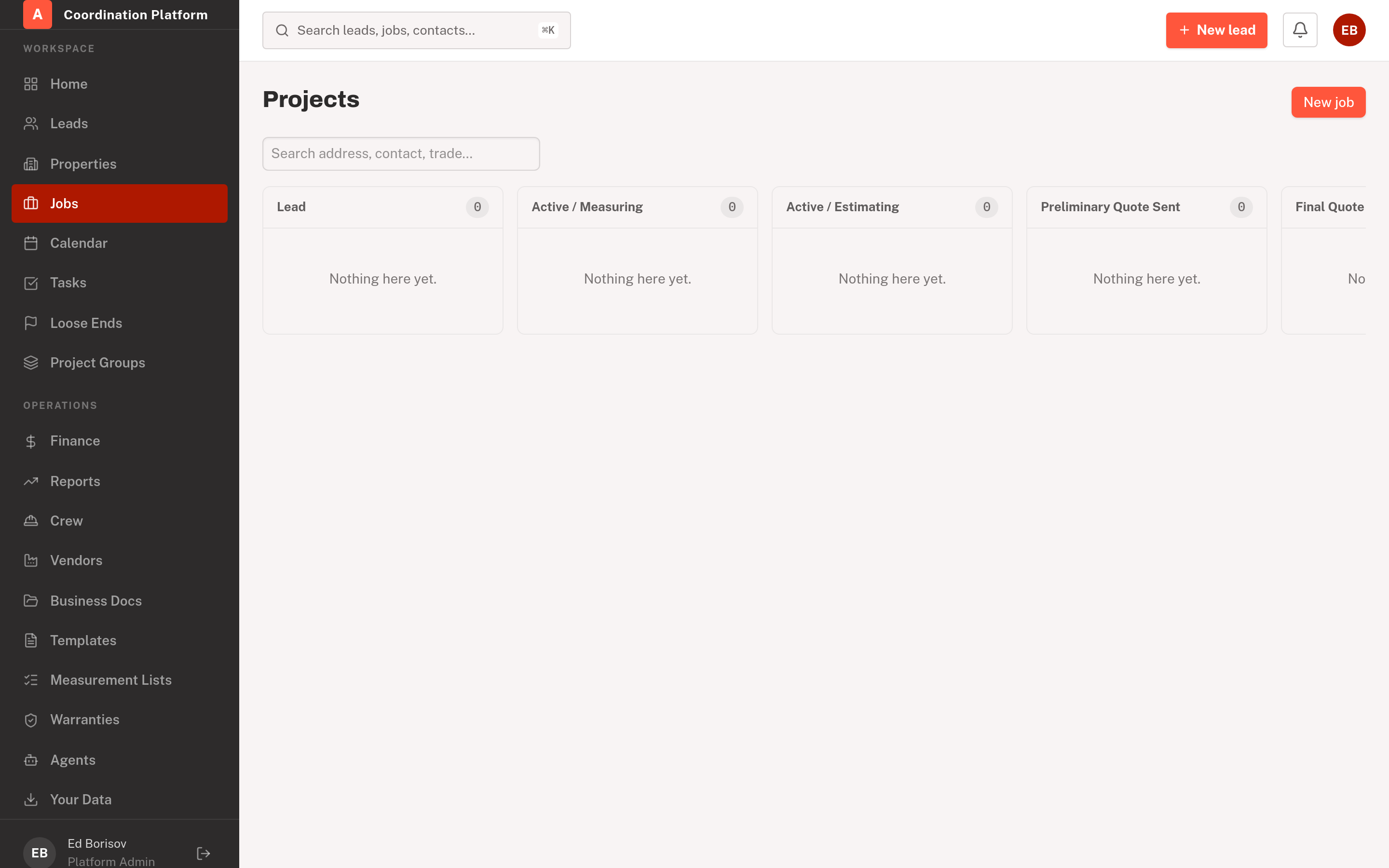 The AIOS workspace: a contractor's jobs, schedule, documents and billing on one real screen